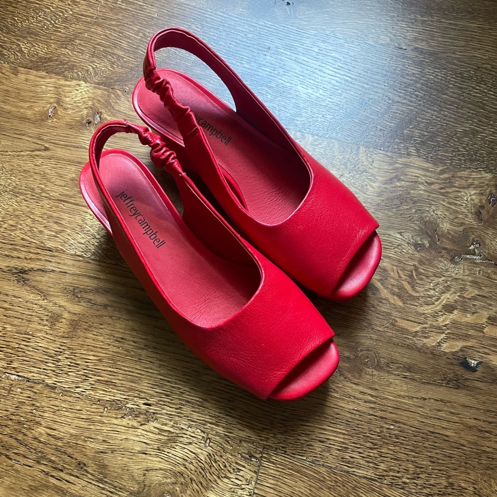 Jeffrey Campbell Red Extendo Platform Peep Toe Block Heel Slingback Sandal sz 6